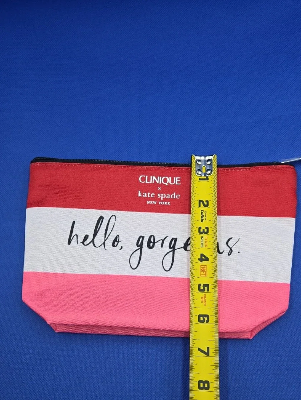 Clinique Pink and Red Striped Makeup Pouch with Mini Clinique Eye Care